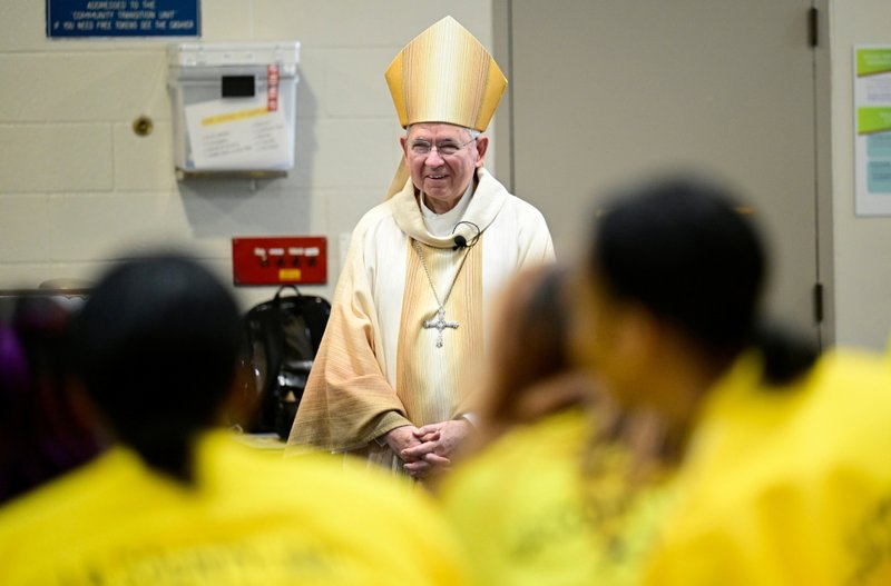 Archbishop José H. Gomez smiles during Mass at Century Regional Detention Facility in Lynwood, LA County’s largest women’s jail, on Christmas Day, Dec. 25, 2025. (John McCoy)