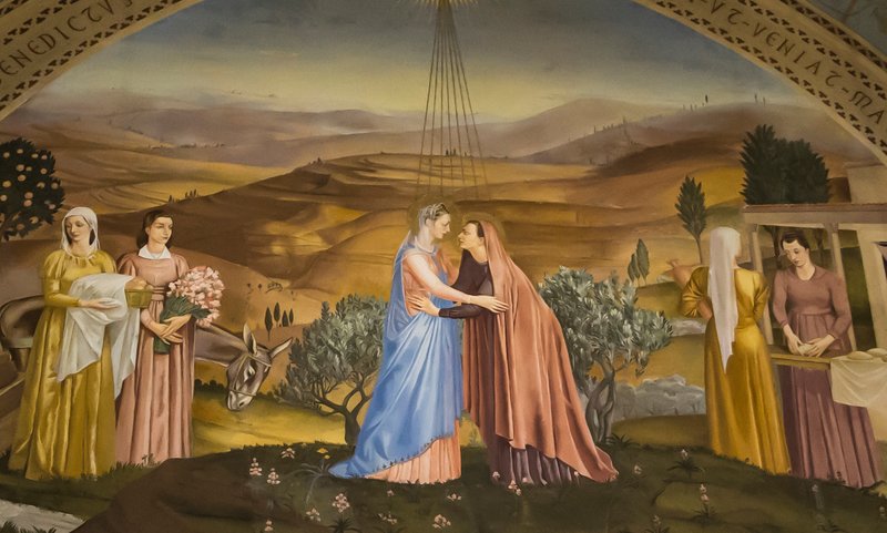 The visitation of the Blessed Virgin Mary to her cousin Elizabeth is depicted in a wall painting at the Church of the Visitation in Ein Karem, Jerusalem. (Shutterstock)
