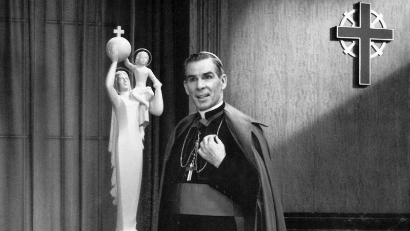 Archbishop Fulton J. Sheen is pictured from the 1950s, when he hosted his Sunday evening program geared toward family life, the seven capital sins and other religious themes. (CNS file photo)