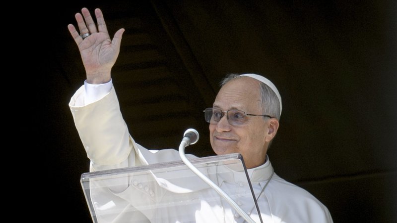 Pope Leo XIV waves as he prays the Angelus in St. Peter's Square at the Vatican, Feb. 1, 2026. (CNS photo/Matteo Pernaselci, Vatican Media)