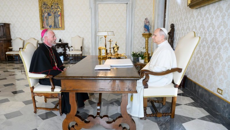 Pope Leo XIV and Archbishop Alexander K. Sample of Portland, Oregon, meet at the Vatican Feb. 9, 2026. (CNS photo/Vatican Media)