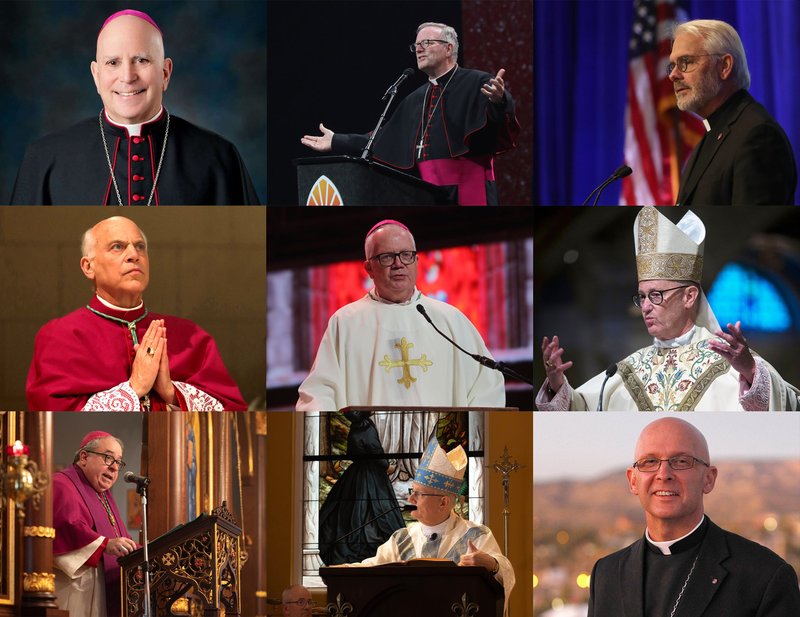 Recently retired Archbishop Samuel J. Aquila of Denver, Bishop Robert E. Barron of Winona-Rochester, Minn., Archbishop Paul S. Coakley of Oklahoma City, Archbishop Salvatore J. Cordileone of San Francisco, Bishop Donald J. Hying of Madison, Wis., Bishop James D. Conley of Lincoln, Neb., Bishop Michael F. Olson of Fort Worth, Texas, Bishop David L. Ricken of Green Bay, Wis., and Bishop James S. Wall of Gallup, N.M., are pictured in this composite photo. All nine bishops have expressed their support for a Feb. 11, 2026, call by Bishop Kevin C. Rhoades of Fort Wayne-South Bend to reverse the naming of associate professor Susan Ostermann as director of Notre Dame's Liu Institute for Asia and Asian Studies. (OSV News composite/courtesy Archdiocese of Denver, Bob Roller, Tyler Orsburn, Juan Guajardo/North Texas Catholic, Sam Lucero)