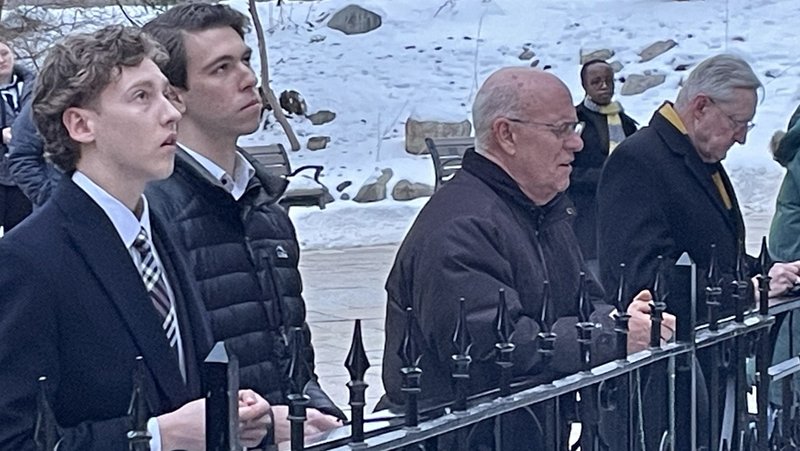 Bishop Kevin C. Rhoades of Fort Wayne-South Bend, Ind., third from left, prays the rosary with students at the University of Notre Dame at the Grotto of Our Lady of Lourdes Feb. 24, 2026, two weeks after calling on the University of Notre Dame to withdraw its appointment of pro-abortion professor Susan Ostermann. (OSV News photo/Gretchen Crowe)