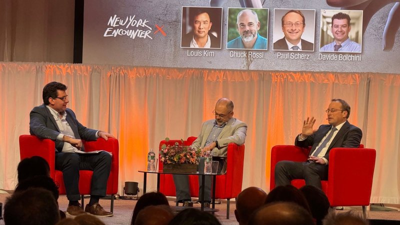 Panelists Davide Bolchini of Indiana University; Chuck Rossi, an engineer at Meta; and Paul Scherz, professor of theology at the University of Notre Dame, discuss how Catholic social teaching can address the challenges of AI at New York Encounter on Feb. 14, 2026, in New York City. (Zelda Caldwell/EWTN News)