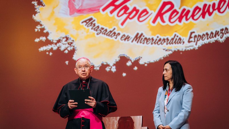 Archbishop José H. Gomez and Sister Rosalia Meza, VDMF, senior director of the Office of Religious Education, speak to open the Archdiocese of Los Angeles' RECongress 2026 on Feb. 20. (Isabel Cacho)