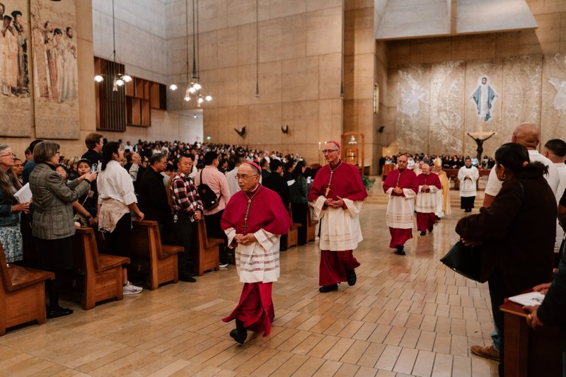 Archbishop José H. Gomez and LA's auxiliary bishops process out of the Cathedral of Our Lady of the Angels after the Rite of Election ceremony on Feb. 15. (Peter Lobato)