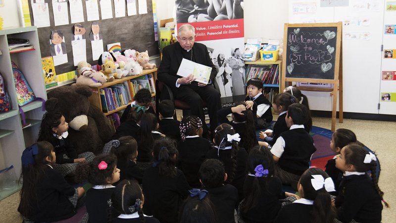 Archbishop José H. Gomez with students at St. Paul Catholic School in Mid-City during Catholic Schools Week in January 2018. (Victor Alemán)