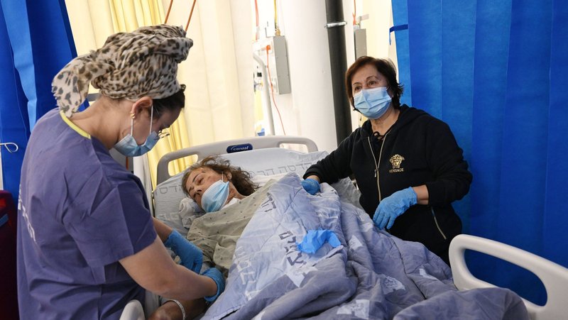 Palestinian Catholic Asma Isyed, 68, from Zababdeh, West Bank, right, stands beside her sister, Ibtisam Khoury, 69, from Nazareth, a patient in the underground protected facility against Iranian missiles of Hadassah Hospital on Mount Scopus in East Jerusalem March 1, 2026. (OSV News/Debbie Hill)