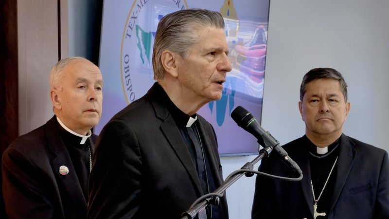 Archbishop Gustavo García-Siller of San Antonio speaks at a Feb. 27, 2026, news conference after the meeting of bishops serving dioceses along the U.S.-Mexico border. Looking on are Bishop Mark J. Seitz of El Paso, and Mexican Bishop Alfonso Gerardo Miranda Guardiola of Piedras Negras. (OSV News photo/Fernie Ceniceros, courtesy Diocese of El Paso)