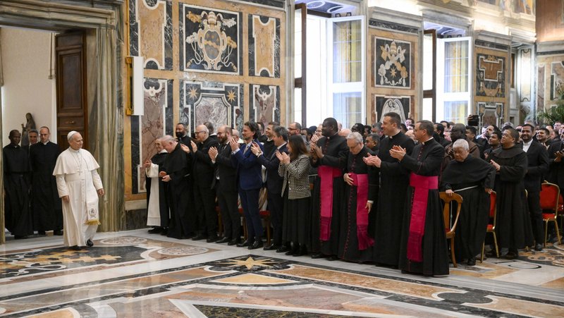 Pope Leo XVI arrives for a meeting in the Vatican's Apostolic Palace March 13, 2026, with participants in the 36th Course on the Internal Forum, an annual training program for priests and seminarians organized by the Apostolic Penitentiary on issues connected with the sacrament of reconciliation. (OSV News photo/Mario Tomassetti, Vatican Media)