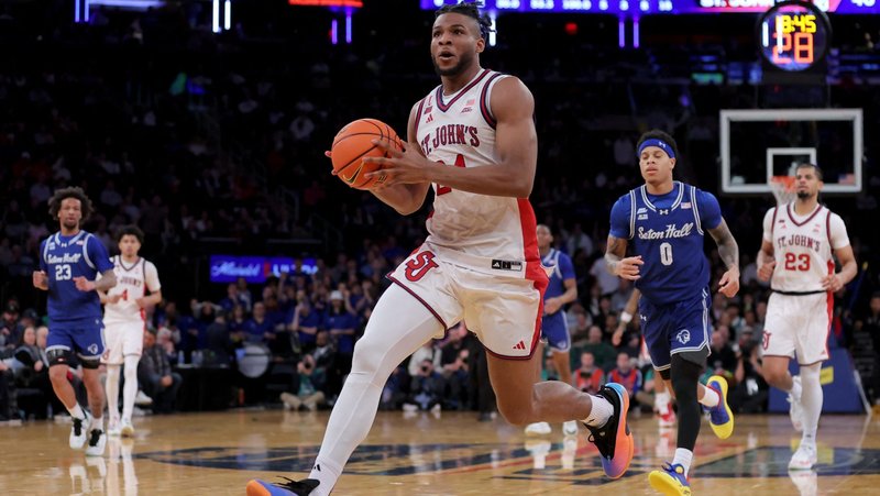 St. John's Red Storm forward Zuby Ejiofor drives to the basket against the Seton Hall Pirates during the second half at Madison Square Garden in New York March 13, 2026. (OSV News photo/Brad Penner-Imagn Images, Reuters) MANDATORY CREDIT