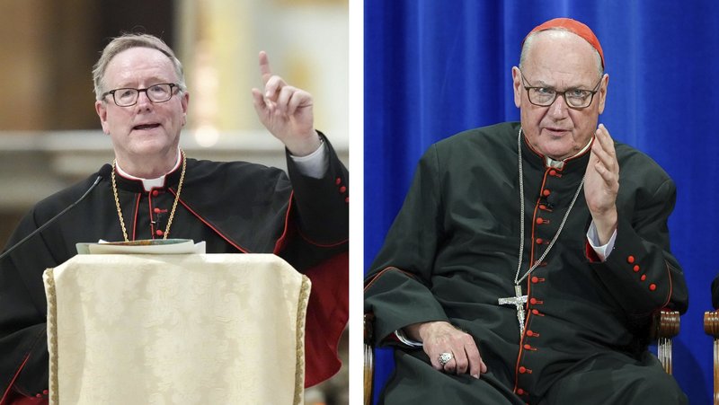 Bishop Robert E. Barron of Winona-Rochester, Minn., and Cardinal Timothy M. Dolan, retired archbishop of New York, are seen in this composite photo. The two prelates are defending the work of the Religious Liberty Commission, against former commissioner and lay Catholic Carrie Prejean Boller, who was removed from the commission Feb. 11, 2026, for reasons Bishop Barron said had to do with her behavior on the commission and not the Catholic Church's actual teaching on Israel and the Jewish people. (CNS photo/Lola Gomez)