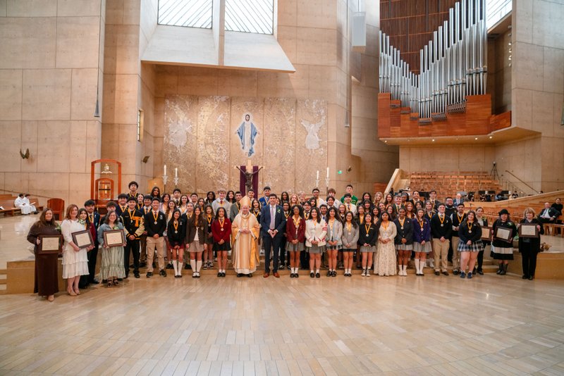 Archbishop José H. Gomez poses with all the awards recipients at the 2026 Christian Service Awards Mass on March 10 at the Cathedral of Our Lady of the Angels. (John Rueda)