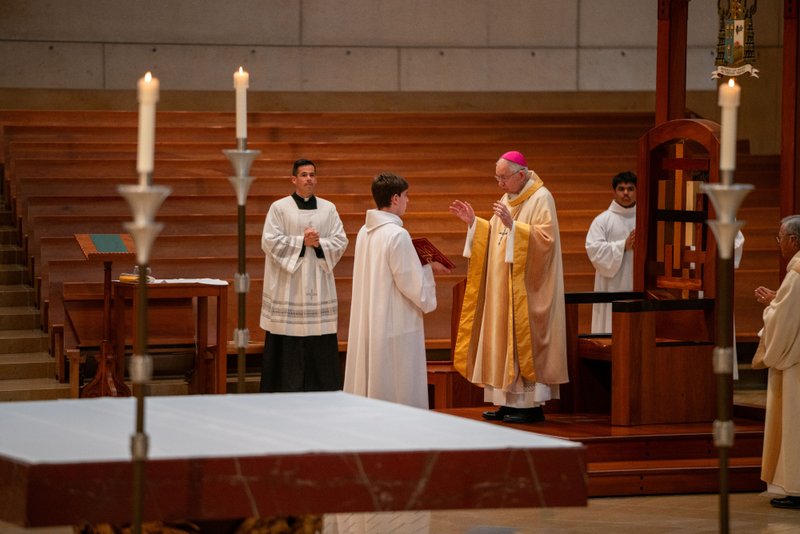 Archbishop José H. Gomez prays during the 2026 Christian Service Awards Mass on March 10 at the Cathedral of Our Lady of the Angels. (John Rueda)