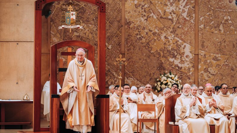 Archbishop José H. Gomez smiles while being recognized at a Mass celebrating his 25th anniversary of episcopal ordination on March 26, 2026 at the Cathedral of Our Lady of the Angels. (Isabel Cacho)
