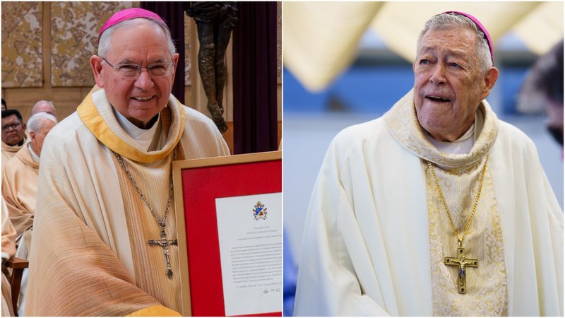 Los Angeles Archbishop José H. Gomez, left, and retired Auxiliary Bishop Edward Clark, right, each celebrated their 25th anniversary of their episcopal ordinations in 2026. (Isabel Cacho/Peter Lobato)