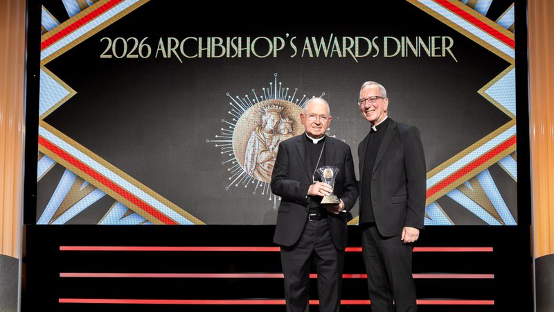 As LA’s longest-serving active auxiliary, Bishop Marc V. Trudeau presented Archbishop José H. Gomez with his own award at the end of the Archbishop’s Awards dinner April 11, 2026 at the Beverly Hilton Hotel. (Javier De León)