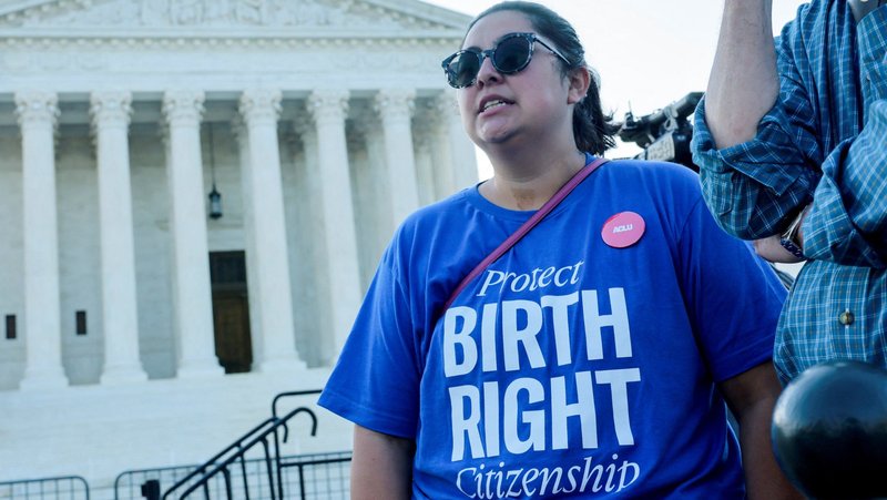 Demonstrators gather outside the U.S. Supreme Court building in Washington April 1, 2026, on the day the court heard oral arguments on the legality of the Trump administration's effort to limit birthright citizenship. (OSV News photo/Jonathan Ernst, Reuters)