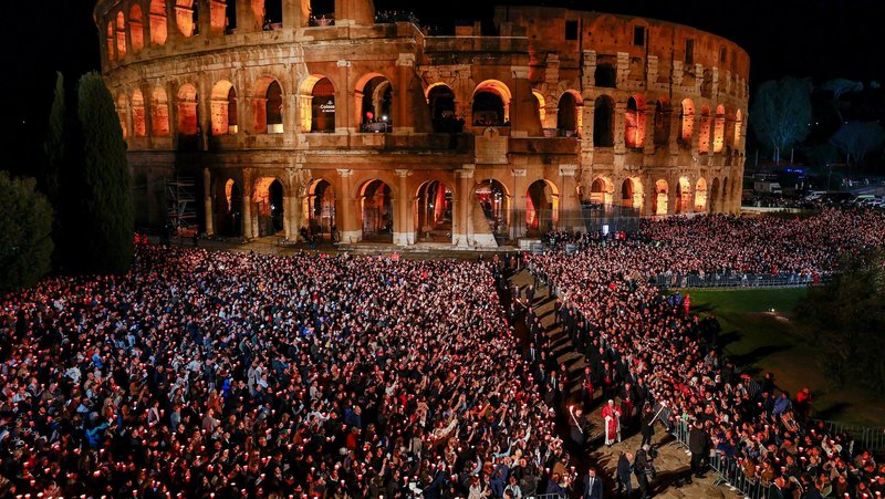 Pope Leo XIV leads the Way of the Cross at the Colosseum in Rome April 3, 2026. (OSV News photo/Vincenzo Livieri, Reuters)