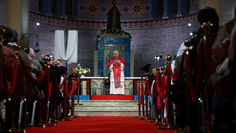 Pope Leo XIV attends a meeting with the Algerian community at the Basilica of Our Lady of Africa in Algiers, Algeria, April 13, 2026. (OSV News photo/Guglielmo Mangiapane, Reuters)