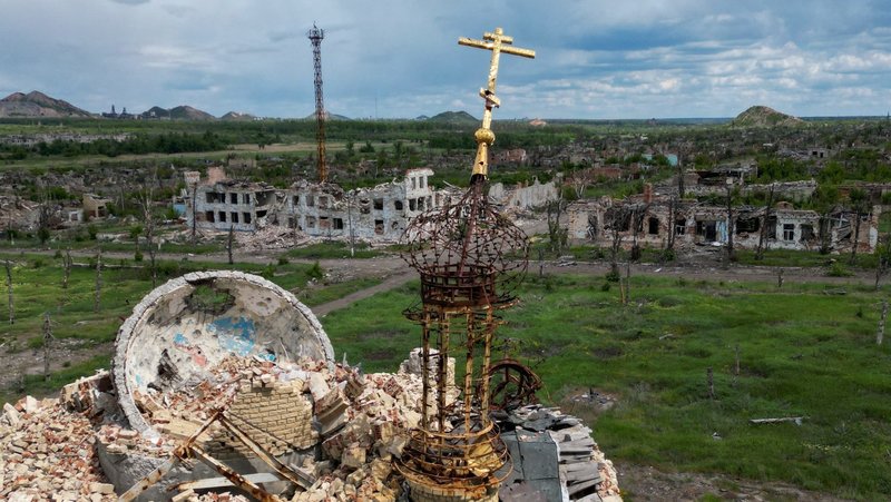 A drone view shows the ruins of a church and buildings in the village of Marinka (Maryinka) in the Russian-controlled Donetsk region of Ukraine May 15, 2025. Several prominent American Catholics have launched a petition calling for the end of Russia's religious persecution in occupied areas of Ukraine. (OSV News photo/Alexander Ermochenko, Reuters)