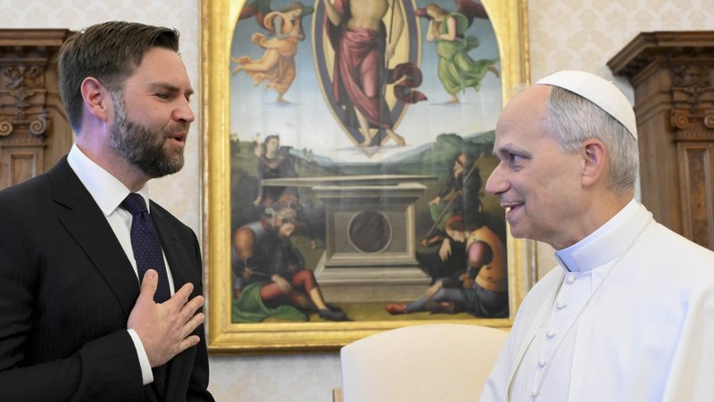 Pope Leo XIV meets with U.S. Vice President JD Vance in the library of the Apostolic Palace at the Vatican May 19, 2025. Shortly after Vance appeared to warn Pope Leo XIV to "be careful" when speaking about theology and taking issue with his description of the U.S. conflict in Iran as unjust, a key U.S. bishop issued a statement clarifying the Church's teaching on just war theory. (CNS photo/Vatican Media)