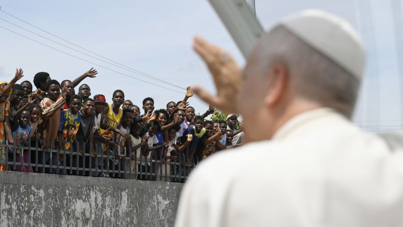 Pope Leo XIV waves as he arrives to celebrate Mass at Saurimo esplanade in northeastern Angola April 20, 2026. (OSV News photo/Simone Risoluti, Vatican Media)
