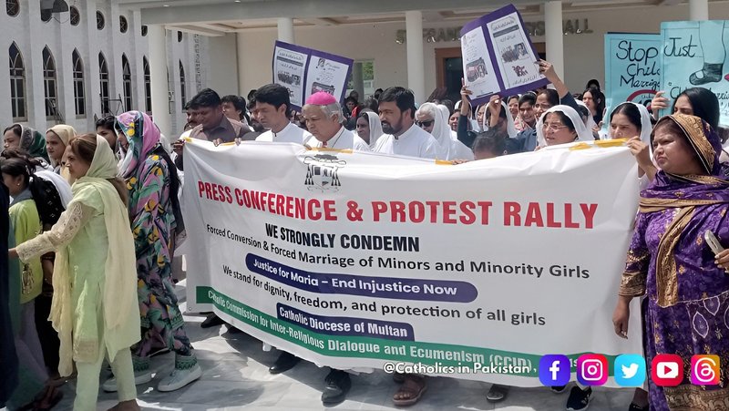 Pakistani Bishop Yousaf Sohan of Multan joins a protest rally in southern Punjab April 10, 2026, to condemn the forced conversion and marriage of minor girls from minority communities. He called for "justice for Maria" after the March 25 verdict of the Federal Constitutional Court that validated the forced Islamic marriage of a 13-year-old Christian girl, Maria Shahbaz, from Lahore, the capital of Punjab province, to a 30-year-old Muslim man. (OSV News photo/courtesy Catholics in Pakistan)