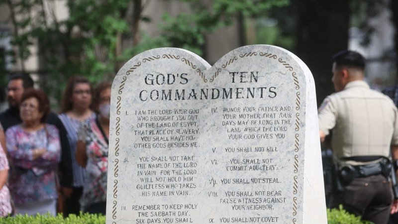 A monument of the Ten Commandments is pictured in front of a church in Uvalde, Texas, June 1, 2022. (OSV News/Shannon Stapleton, Reuters)