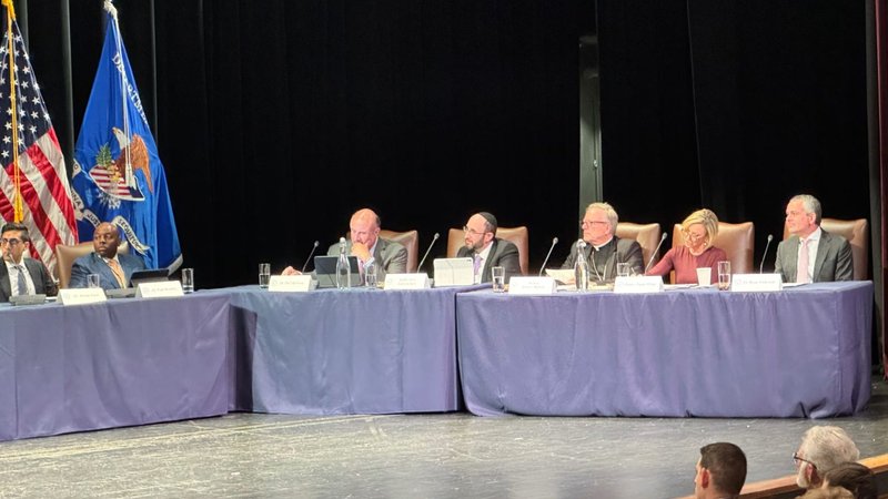 Commissioners Dr. Phil McGraw, Rabbi Meir Soloveichik, Bishop Robert Barron, Paula White-Cain, and Ryan Anderson attend the Religious Liberty Commission hearing in Washington, D.C., on April 13, 2026. (Tessa Gervasini/ EWTN News)