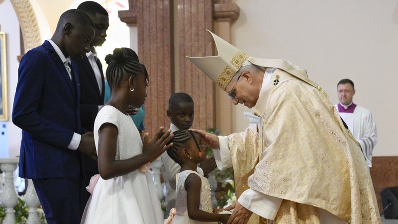 Pope Leo XIV greets Catholics during Mass at the Basilica of the Immaculate Conception in Mengomeyén, Equatorial Guinea, on Wednesday, April 22. (EWTN/Vatican Media)