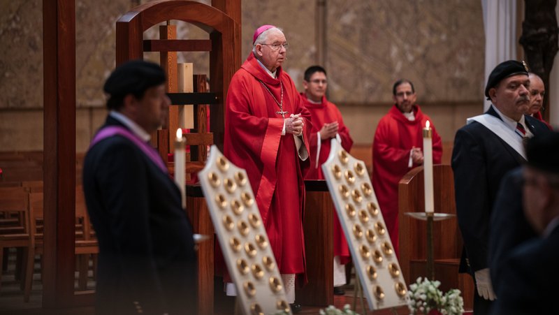 Archbishop José H. Gomez stands near the 36 relics of martyrs of Mexico’s Cristero War during a Mass at the Cathedral of Our Lady of the Angels on April 18. (John Rueda)