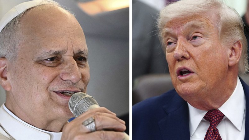 A combination photo shows Pope Leo XIV speaking to journalists aboard a flight on his way to Luanda, Angola, April 18, 2026, and U.S. President Donald Trump speaking to the media in the Oval Office of the White House in Washington April 18. (OSV News photo/Luca Zennaro/Nathan Howard, Reuters)