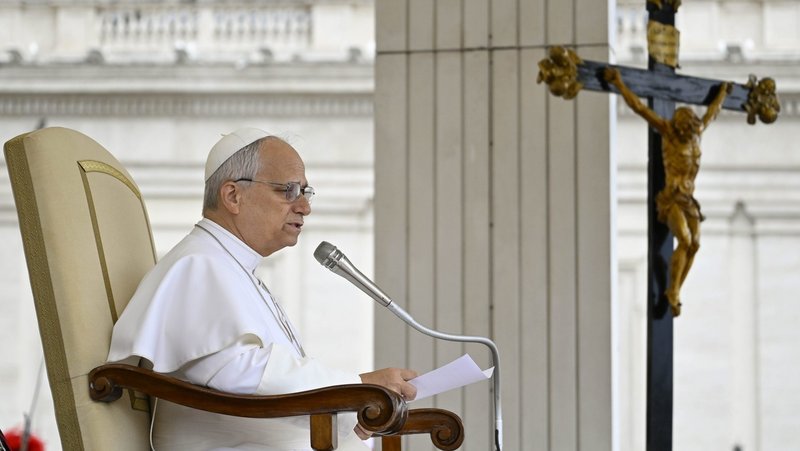 Pope Leo XIV delivers his remarks during his weekly general audience in St. Peter's Square at the Vatican May 6, 2026. (CNS photo/Vatican Media)