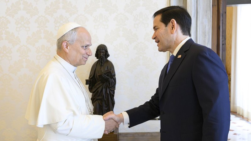 Pope Leo XIV greets U.S. Secretary of State Marco Rubio during a private audience at the Vatican May 7, 2026. (OSV News/Simone Risoluti, Vatican Media)