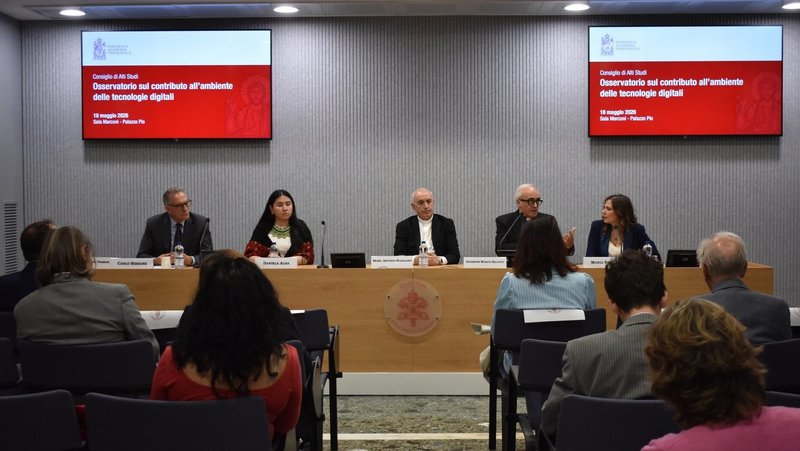 Members of a new initiative sponsored by the Pontifical Academy of Theology attend a news conference at the Vatican News headquarters May 18, 2026. From left to right are: Carlo Simeone, secretary of the Pontifical Academy of Theology's council of higher studies; Daniela Alba, secretary for social justice and ecology of the Society of Jesus in Rome; Bishop Antonio Staglianò, president of the Pontifical Academy of Theology; Dominican Father Giuseppe Marco Salvati, secretary of the papal academy; and Maria Siclari, director general of ISPRA. (CNS photo/Marco Piras, courtesy Pontifical Academy of Theology)