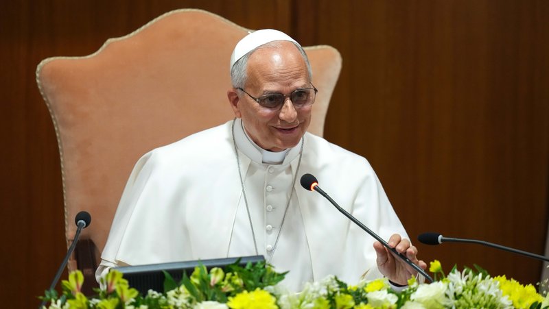 Pope Leo XIV speaks at a presentation of his encyclical "Magnifica Humanitas: On Safeguarding the Human Person in the Time of Artificial Intelligence" at the Synod Hall at the Vatican May 25, 2026. The document marks the first encyclical of his pontificate. (CNS photo/Lola Gomez)
