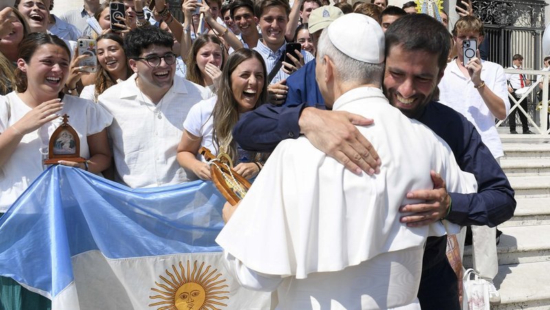 Pope Leo XIV hugs a pilgrim from Argentina after his weekly general audience Aug. 6, 2025, in St. Peter's Square at the Vatican. Pope Leo is likely to visit Argentina and Uruguay in one trip with Peru in late fall 2026. (CNS photo/Vatican Media)