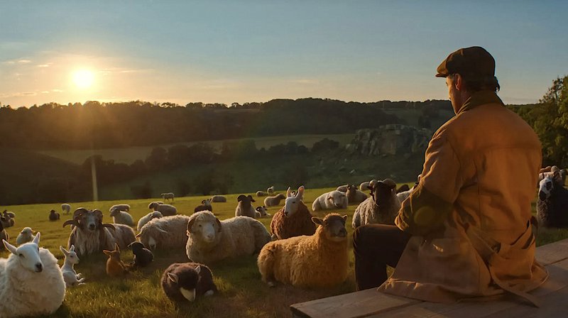 Hugh Jackman and his flock in the 2026 film “The Sheep Detectives.” (Amazon MGM Studios)