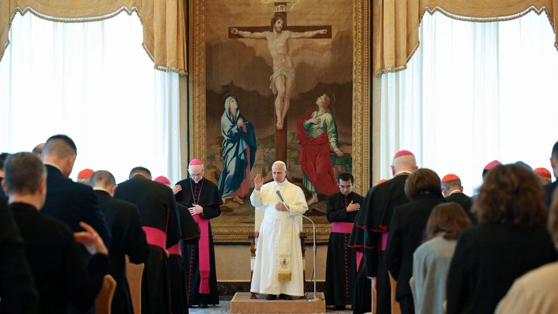 Pope Leo XIV prays with members of the Dicastery for Evangelization’s Section for Fundamental Questions Regarding Evangelization in the World on May 28, 2026, at the Vatican. (Vatican Media via EWTN)