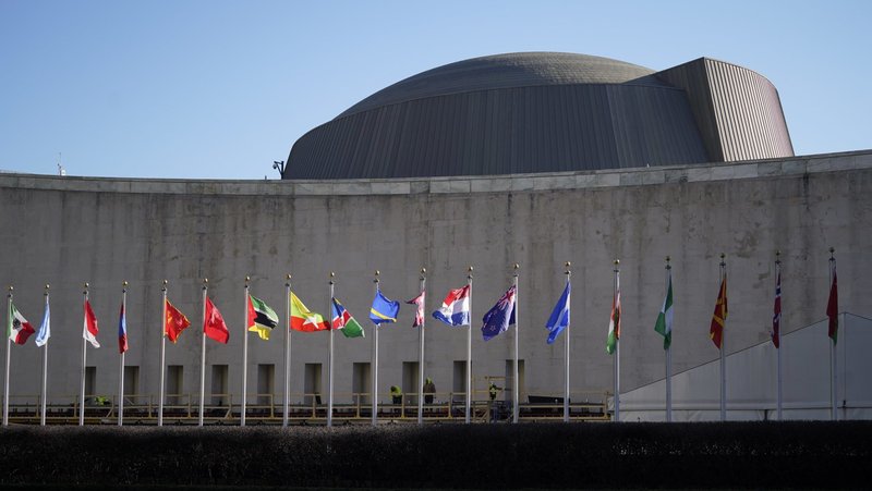 Flags are seen outside United Nations headquarters in New York City Nov. 28, 2023. (OSV News photo/Gregory A. Shemitz)