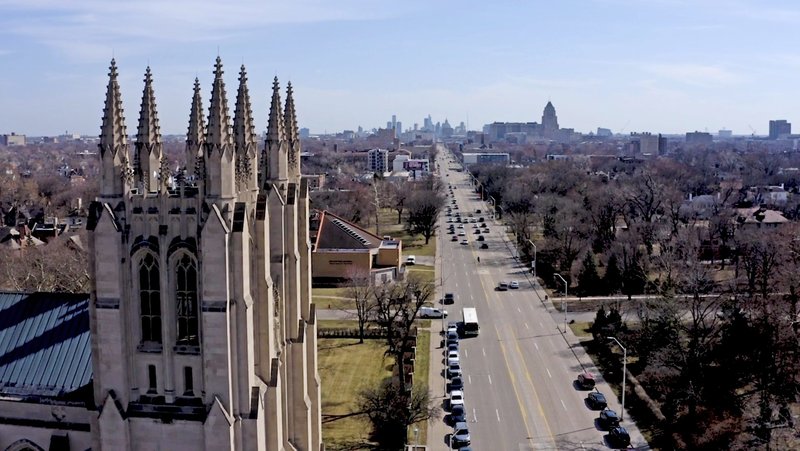 The Cathedral of the Most Blessed Sacrament is pictured against the Detroit skyline in this undated photo. (OSV News photo/courtesy Archdiocese of Detroit)