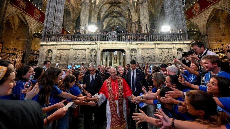Pope Leo XIV greets faithful after he attended the midday prayers at the Cathedral of the Holy Cross and St. Eulalia, during his apostolic journey, in Barcelona, Spain, June 9, 2026. (OSV News photo/Simone Risoluti, Vatican Media)