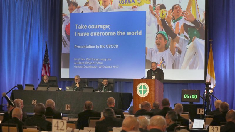 Bishop Edward J. Burns of Dallas, chair of the U.S. Conference of Catholic Bishops' Committee on Laity, Marriage, Family Life and Youth, speaks about World Youth Day 2027 in Seoul, South Korea, during a June 10, 2026, session of the annual spring meeting of the U.S. Conference of Catholic Bishops in Orlando, Fla. (OSV News photo/Bob Roller)