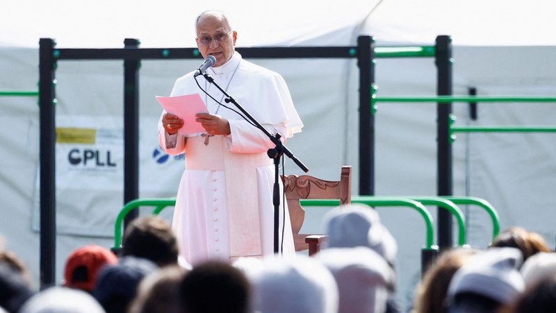 Pope Leo XIV speaks during his visit to the "Las Raices" migrant center in San Cristobal de La Laguna, Tenerife, Canary Islands, Spain, June 12, 2026, where he is meeting migrants and humanitarian organizations, as part of a seven-day apostolic journey to Spain, with visits to Madrid, Barcelona and the Canary Islands. (OSV News photo/ Borja Suarez)