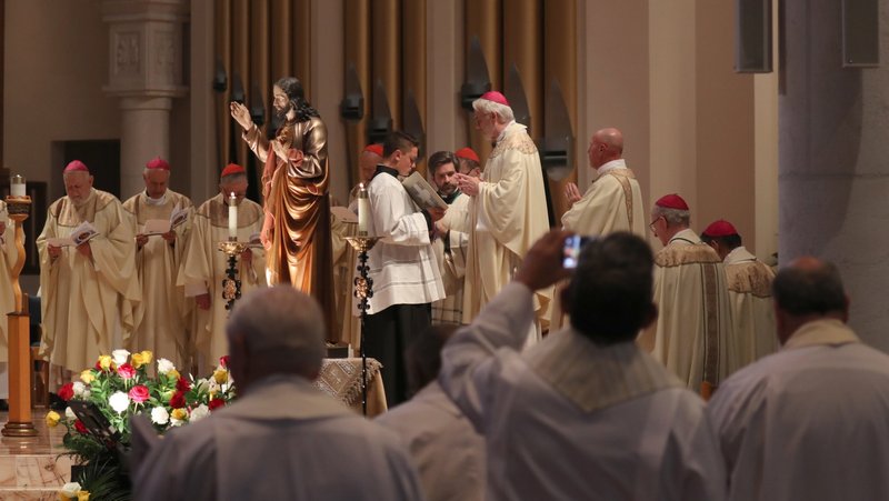 Archbishop Paul S. Coakley of Oklahoma City, president of the U.S. Conference of Catholic Bishops, concelebrates Mass as bishops consecrate the country to the Sacred Heart of Jesus at the Basilica of Mary Queen of the Universe in Orlando, Fla., June 11, 2026, during their spring plenary assembly. On the same day, U.S. President Donald Trump issued a statement praising the U.S. bishops for consecrating U.S. to the Sacred Heart of Jesus. (OSV News photo/Bob Roller)