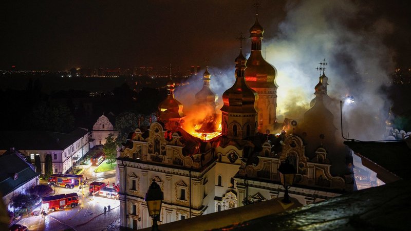 Firefighters work to extinguish a fire at the Dormition Orthodox Cathedral of the Kyiv Pechersk Lavra in Kyiv, Ukraine, June 15, 2026, after it was hit during Russian missile and drone strikes, amid Russia's attack on Ukraine. (OSV News photo/Valentyn Ogirenko, Reuters)