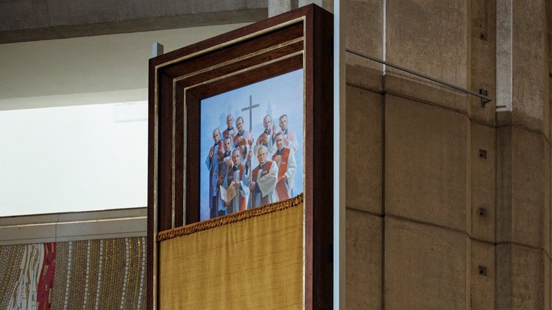 A picture depicting the new martyrs is seen at the Sanctuary of St. John Paul II in Kraków, Poland, on June 6, 2026, during the beatification Mass for nine Polish Salesian priests killed in German Nazi concentration camps during World War II. The beatification ceremony highlighted not only the Salesians' martyrdom but also their lives as educators, pastors and mentors to young people. (OSV News photo/courtesy Malgorzata Latawiec)