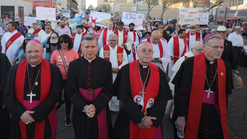 Archbishop John C. Wester of Santa Fe, N.M., right, takes part in a demonstration in El Paso, Texas, March 24, 2025, against mass deportation alongside Bishop Peter Baldacchino of Las Cruces, N.M.; Archbishop Gustavo García-Siller of San Antonio and Bishop Mark J. Seitz of El Paso. On June 23, 2026, Bishop Baldacchino announced that he and Bishop Seitz invited "all the priests and faithful" of their two dioceses and the region "to join in prayer and pilgrimage" June 28 at Mount Cristo Rey, located in Sunland Park, N.M. (OSV News photo/Bob Roller)