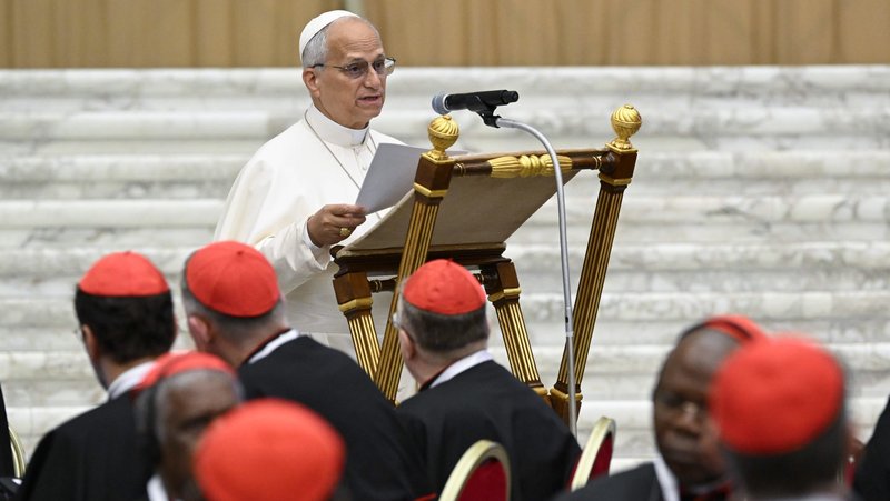 Pope Leo speaks June 26, 2026, at the opening of an extraordinary consistory of cardinals in the Paul VI Hall at the Vatican June 26-27. (OSV News photo/Simone Risoluti, Vatican Media)